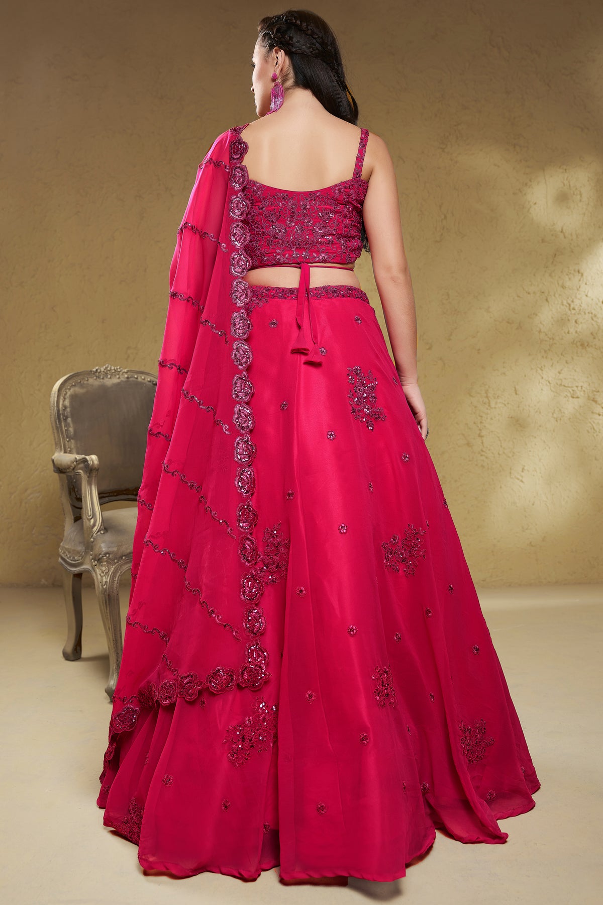 Bright Pink Georgette Embroidered Lehenga Choli with Sequins & Dori Work