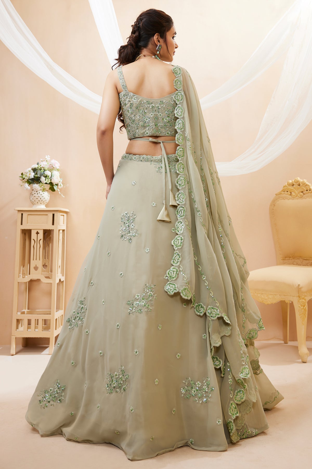 Pista Green Georgette Lehenga Choli with Sequined Work