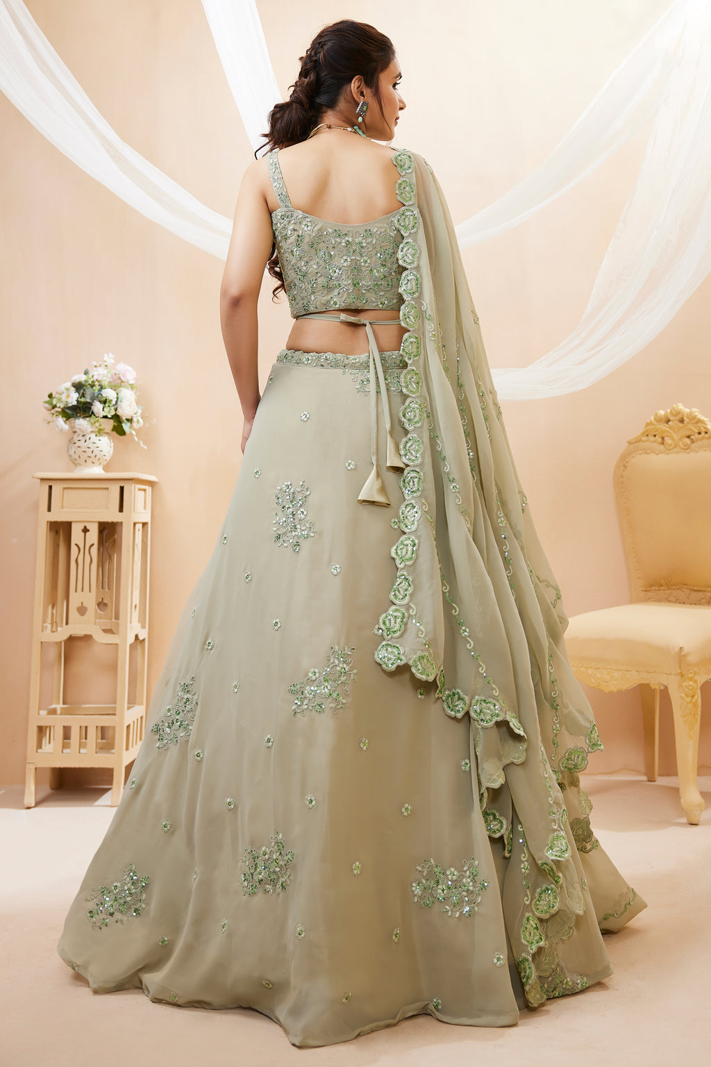 Pista Green Georgette Lehenga Choli with Sequined Work