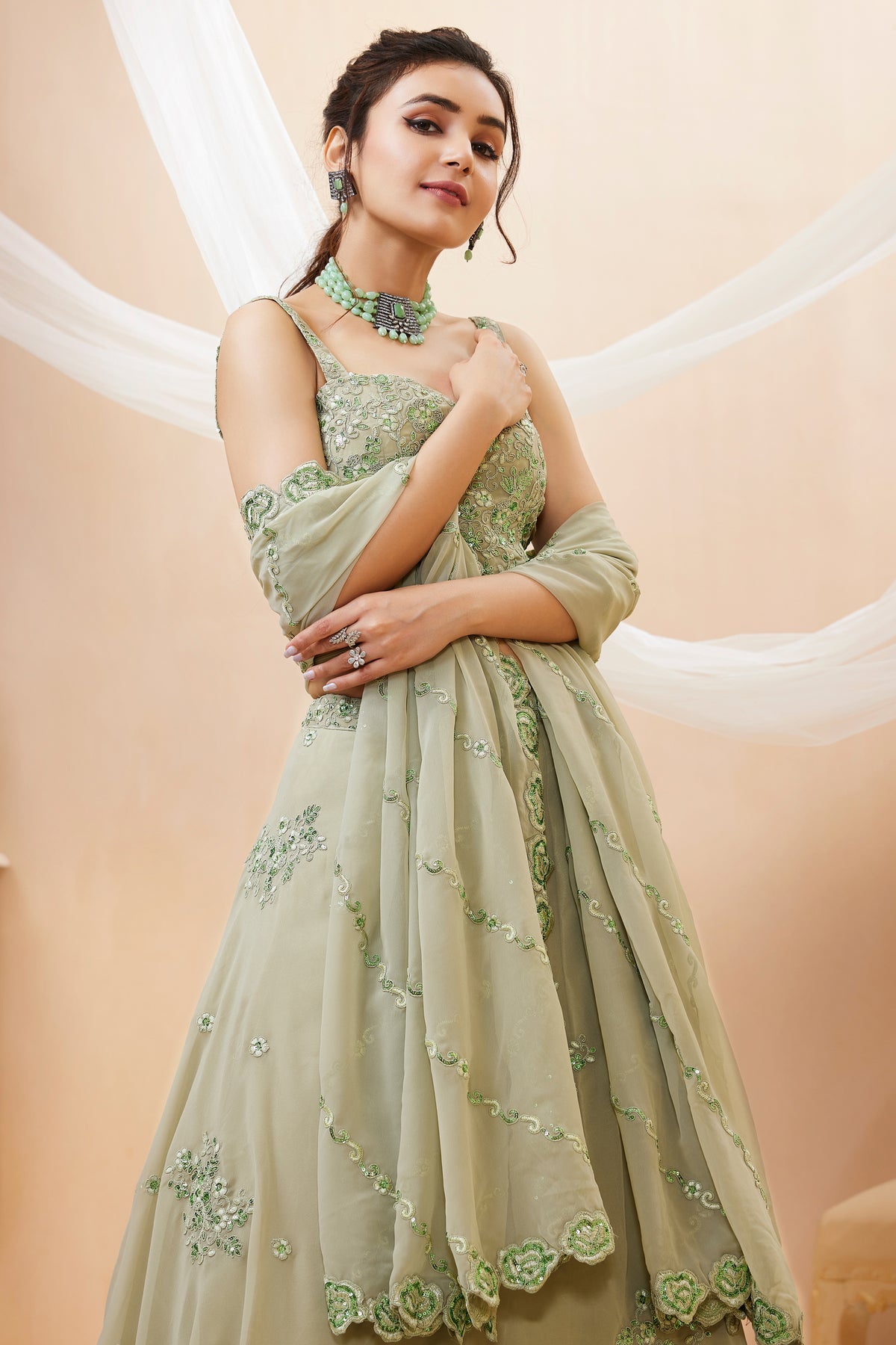 Pista Green Georgette Lehenga Choli with Sequined Work