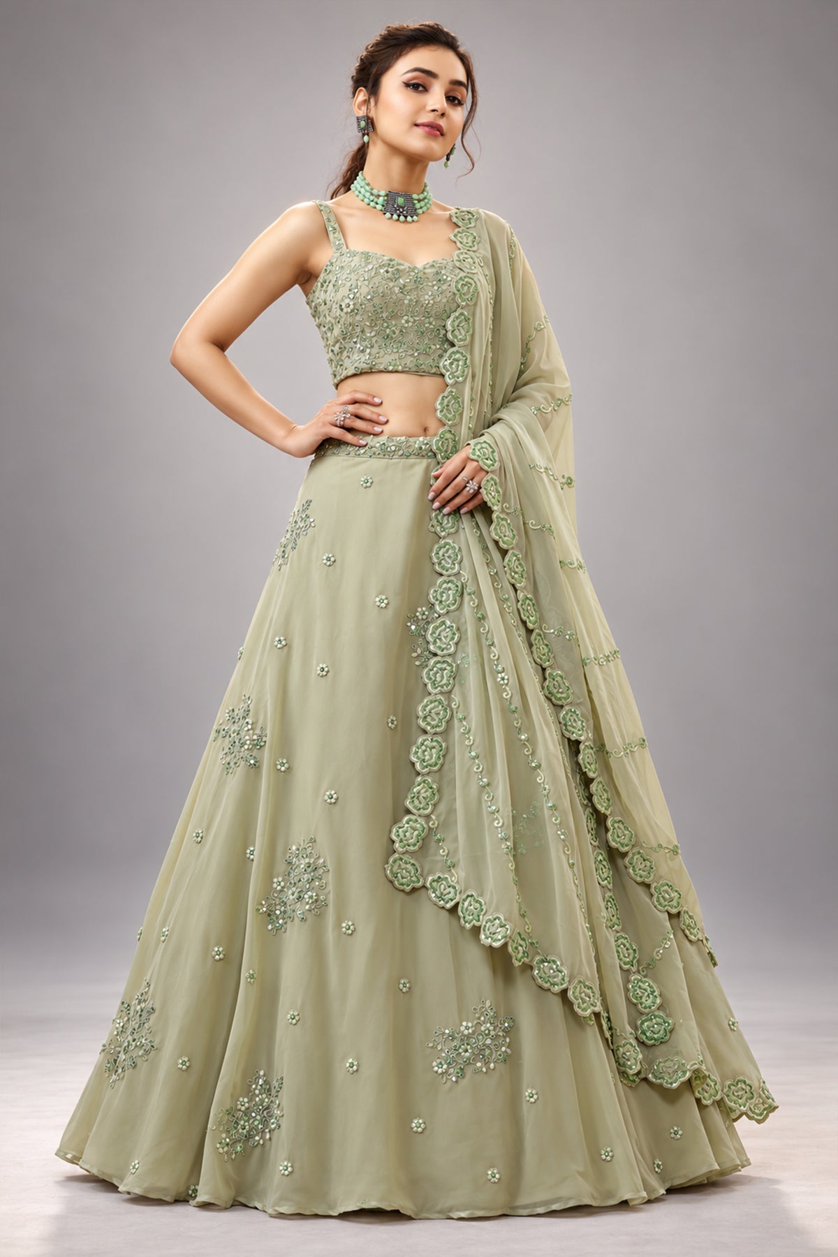 Pista Green Georgette Lehenga Choli with Sequined Work