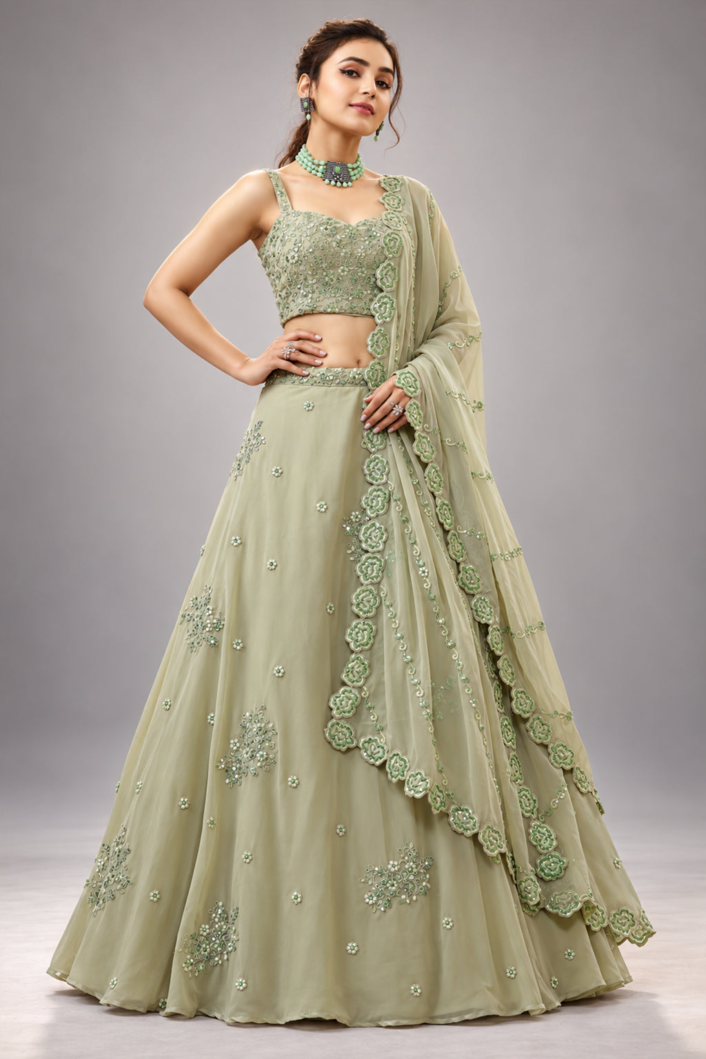 Pista Green Georgette Lehenga Choli with Sequined Work