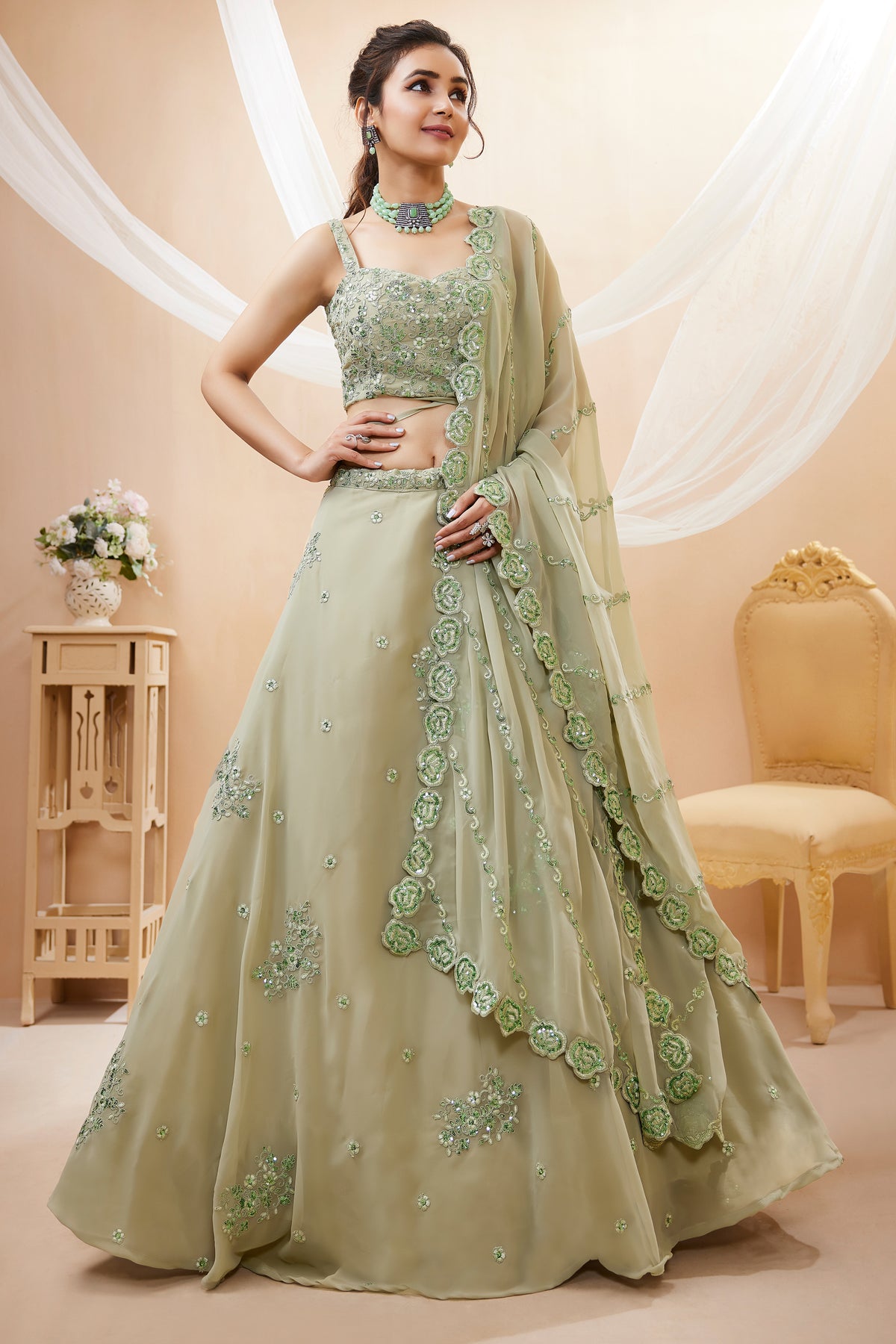 Pista Green Georgette Lehenga Choli with Sequined Work