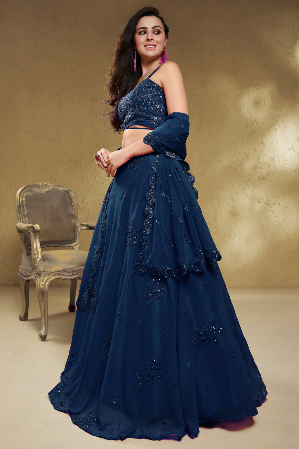 Deep Navy Blue Georgette Lehenga Choli highlighted with Intricate Zari & Sequins Accent
