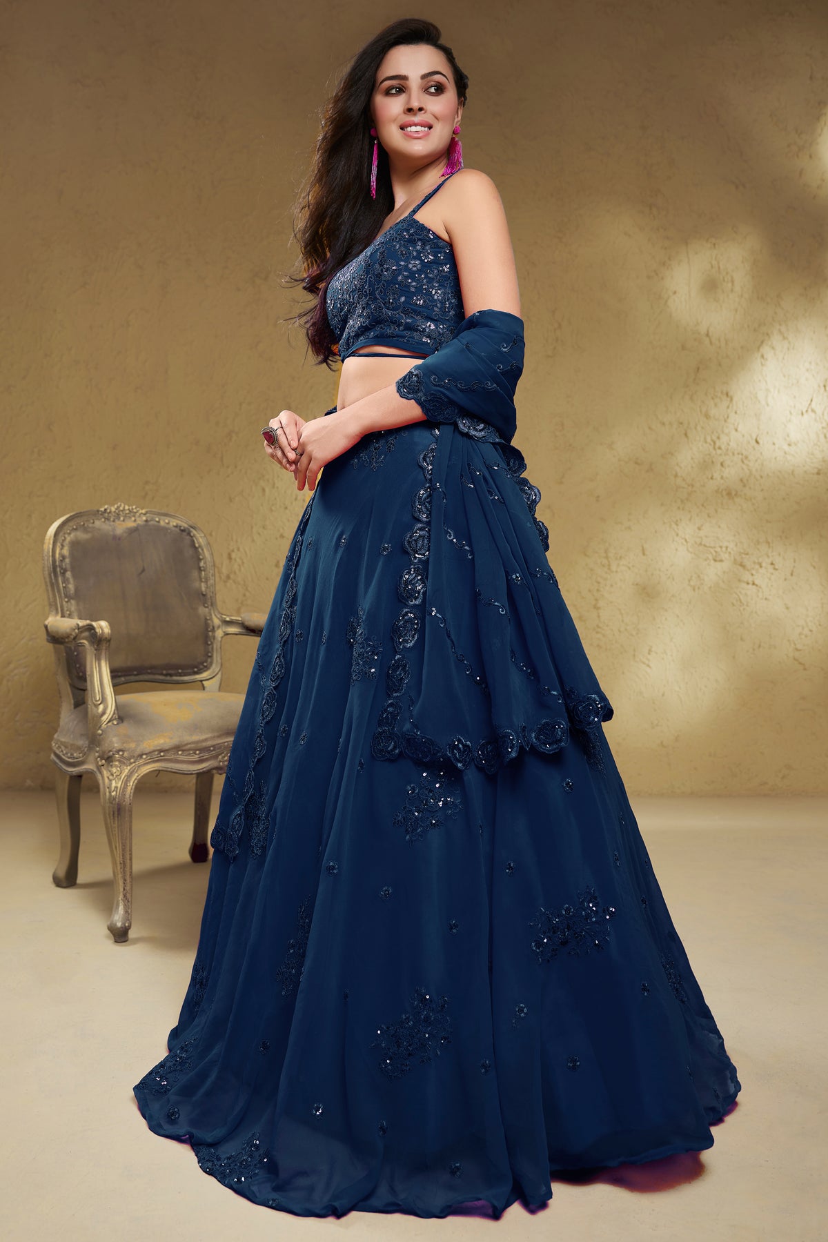 Deep Navy Blue Georgette Lehenga Choli highlighted with Intricate Zari & Sequins Accent