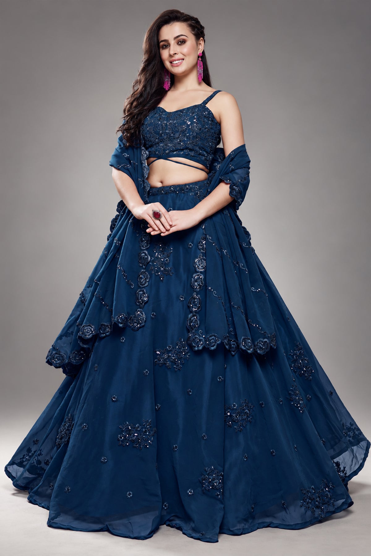 Deep Navy Blue Georgette Lehenga Choli highlighted with Intricate Zari & Sequins Accent