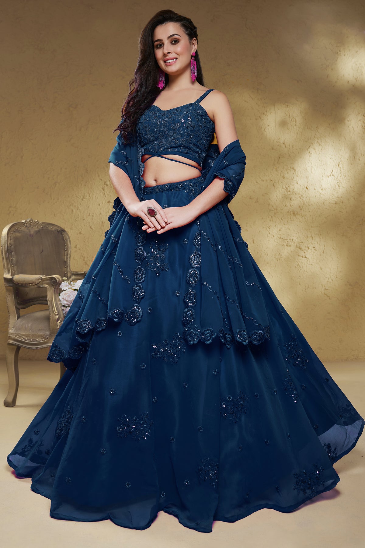 Deep Navy Blue Georgette Lehenga Choli highlighted with Intricate Zari & Sequins Accent