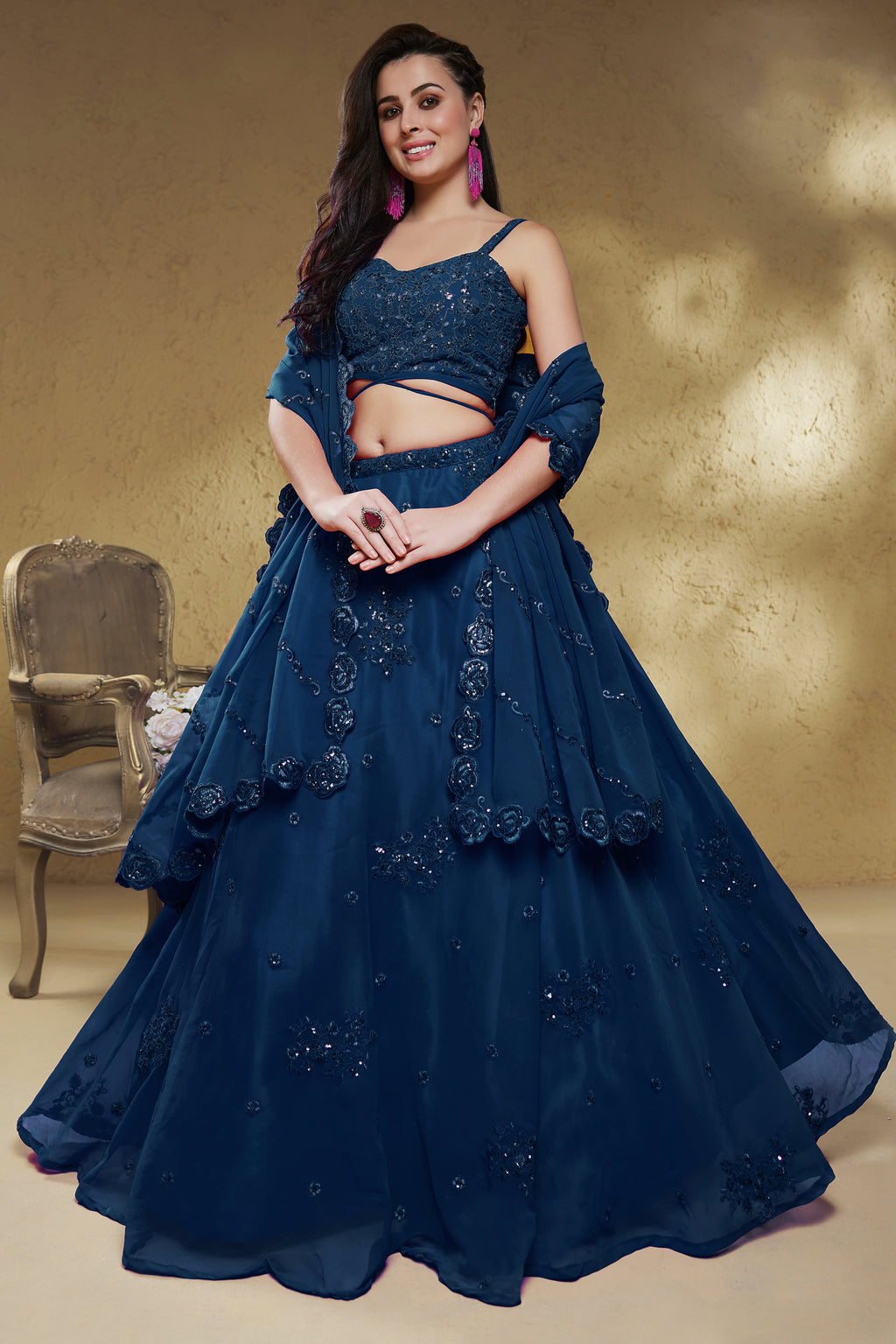 Deep Navy Blue Georgette Lehenga Choli highlighted with Intricate Zari & Sequins Accent