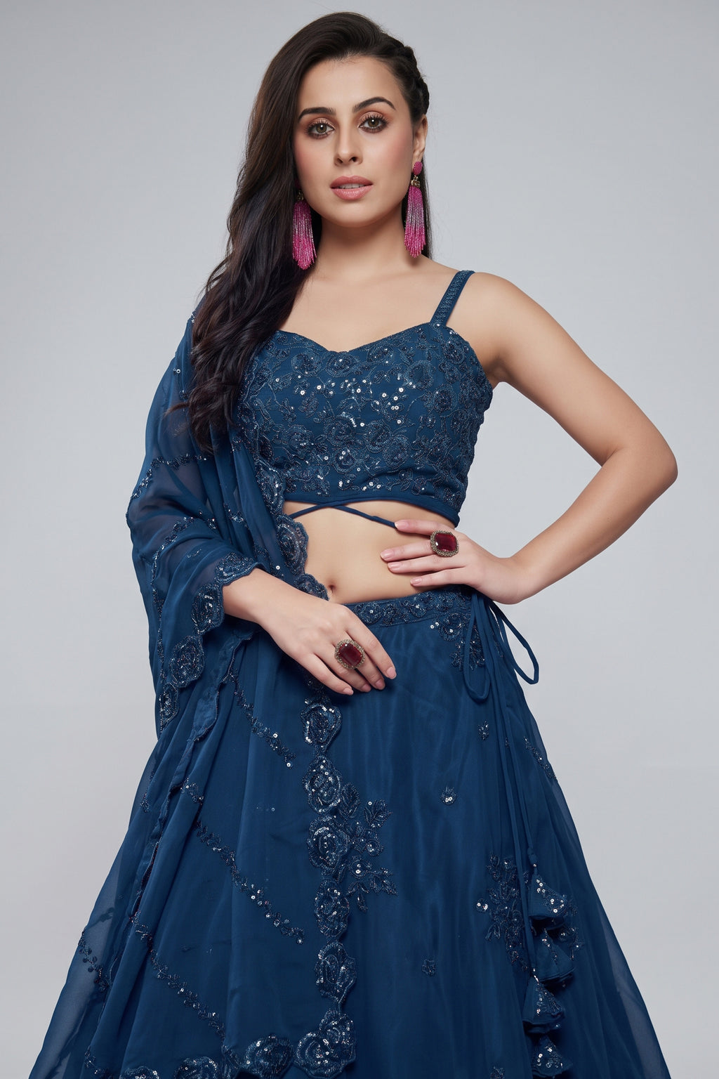 Deep Navy Blue Georgette Lehenga Choli highlighted with Intricate Zari & Sequins Accent