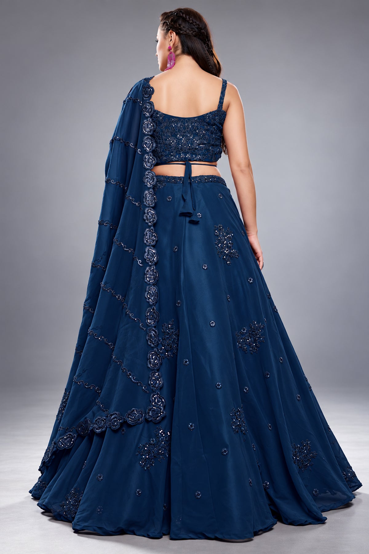 Deep Navy Blue Georgette Lehenga Choli highlighted with Intricate Zari & Sequins Accent