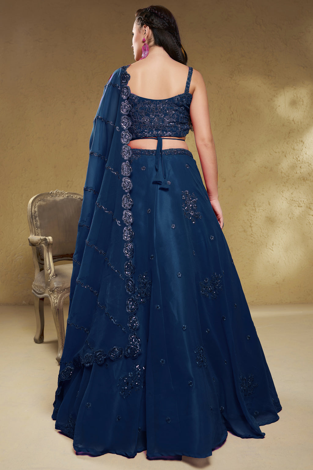Deep Navy Blue Georgette Lehenga Choli highlighted with Intricate Zari & Sequins Accent
