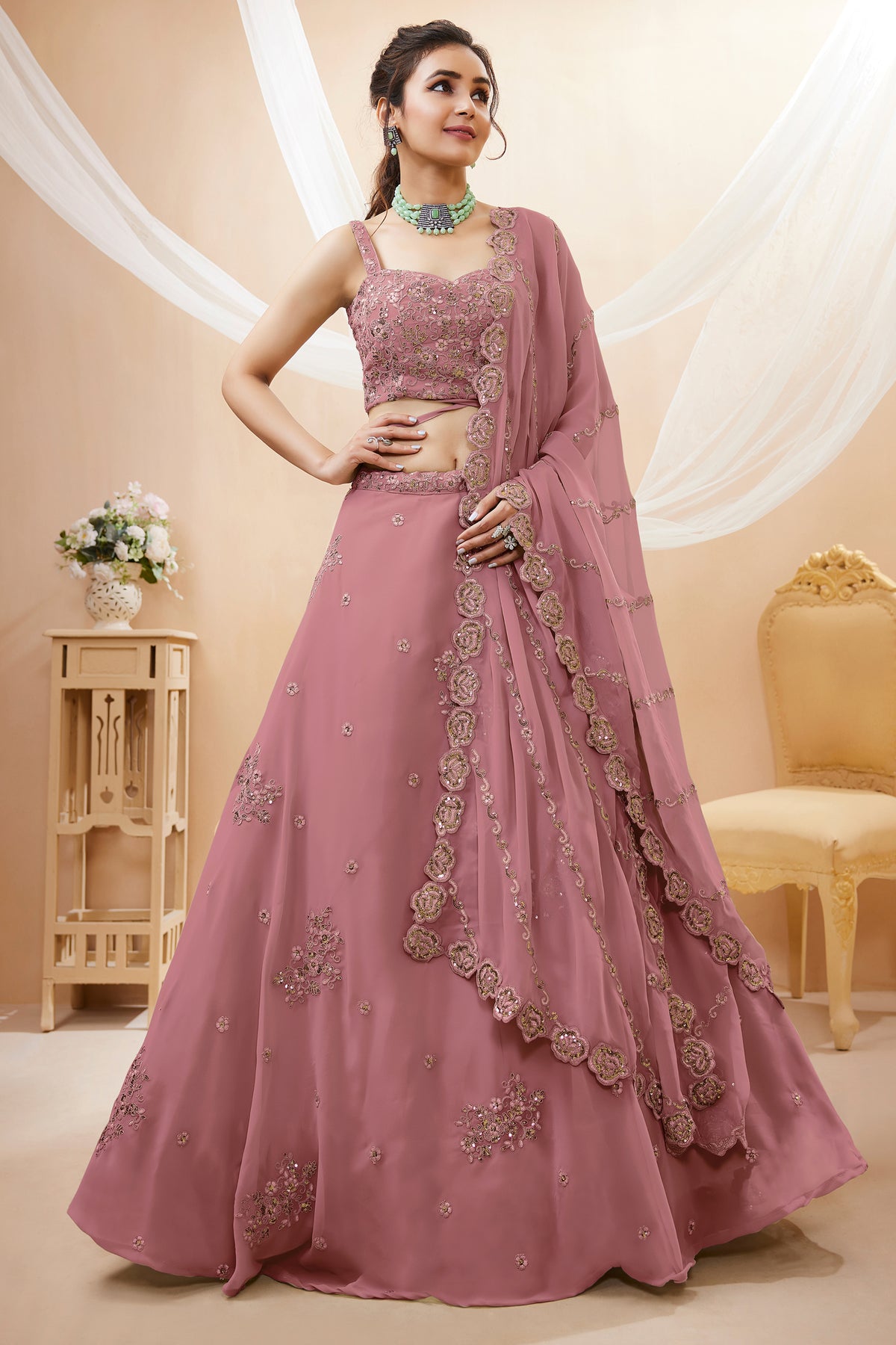 Peach Georgette Lehenga Choli featuring Intricate Zari, Sequins & Dori Work
