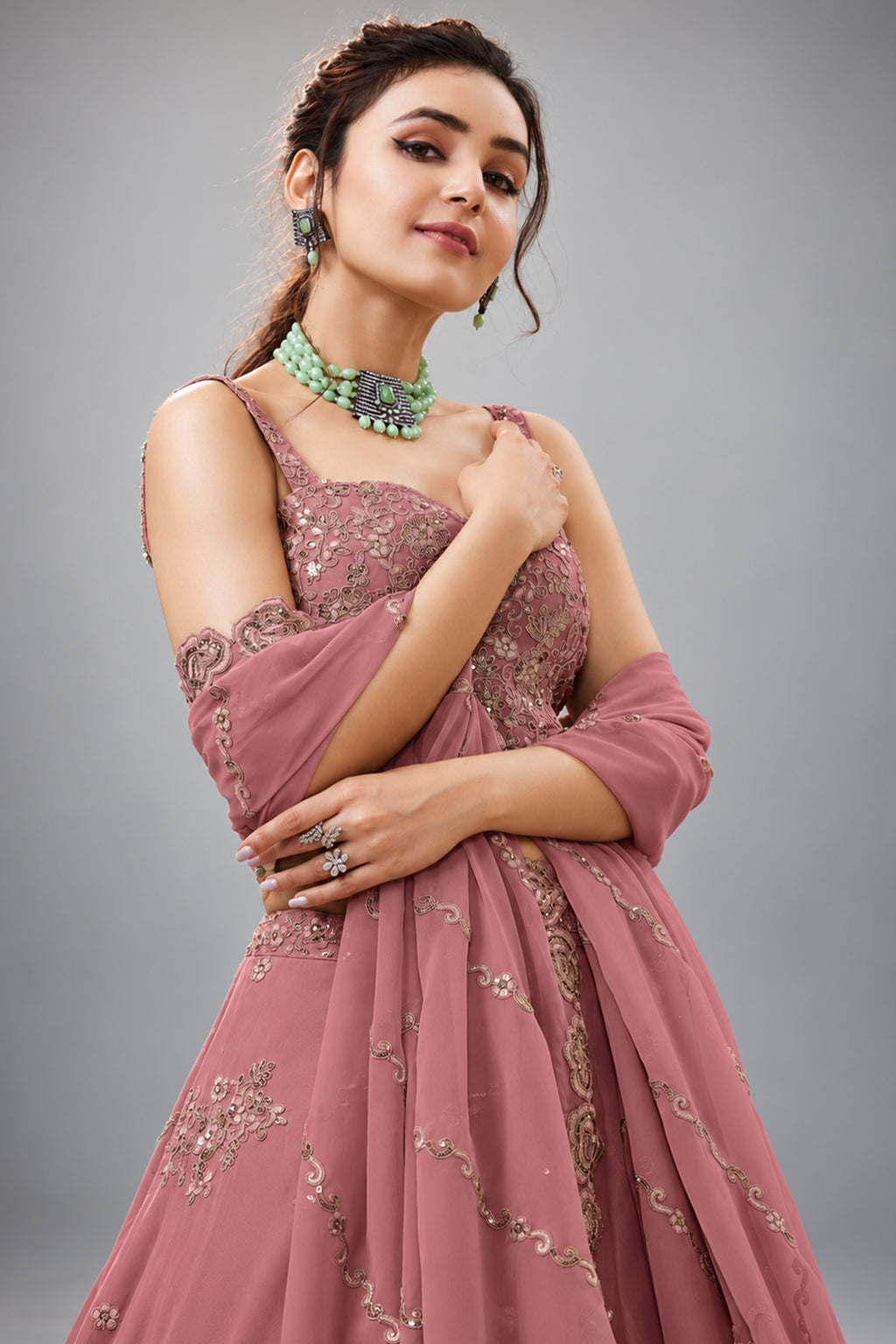 Peach Georgette Lehenga Choli featuring Intricate Zari, Sequins & Dori Work
