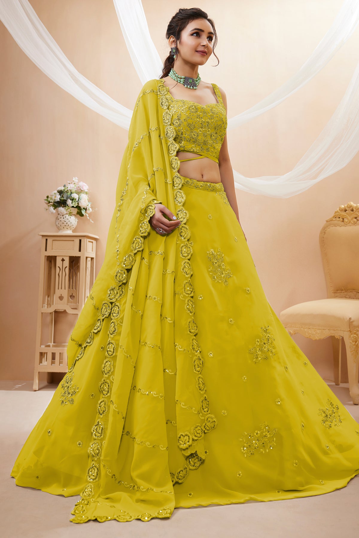 Yellow Georgette Embroidered Lehenga Choli with Sequined Dori Work