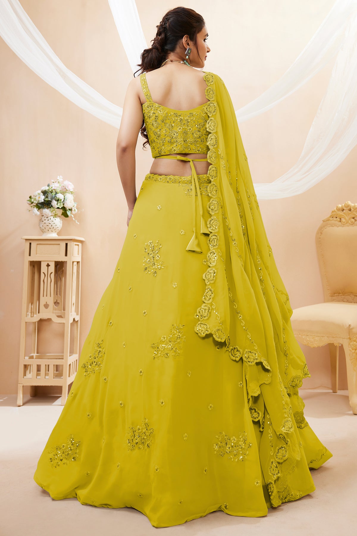 Yellow Georgette Embroidered Lehenga Choli with Sequined Dori Work