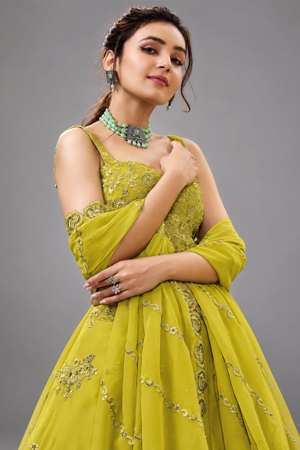 Yellow Georgette Embroidered Lehenga Choli with Sequined Dori Work