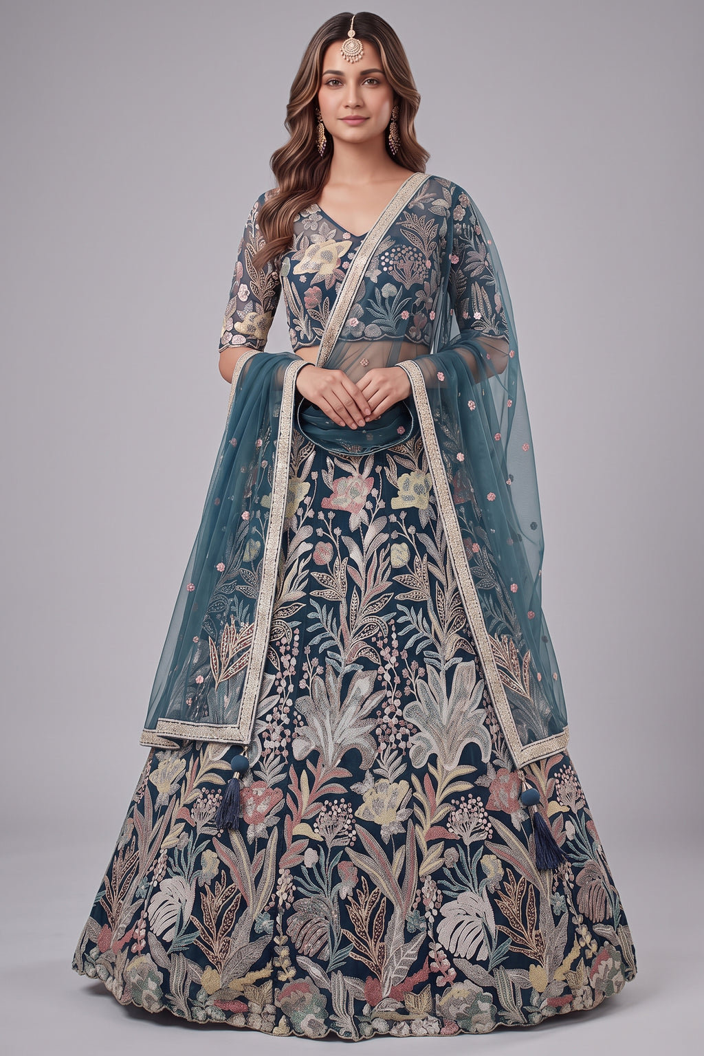Deep Peacock Blue Soft Net Lehenga Choli with Multi-Color Thread & Sequins Embroidery
