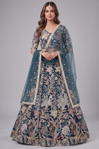 Deep Peacock Blue Soft Net Lehenga Choli with Multi-Color Thread & Sequins Embroidery