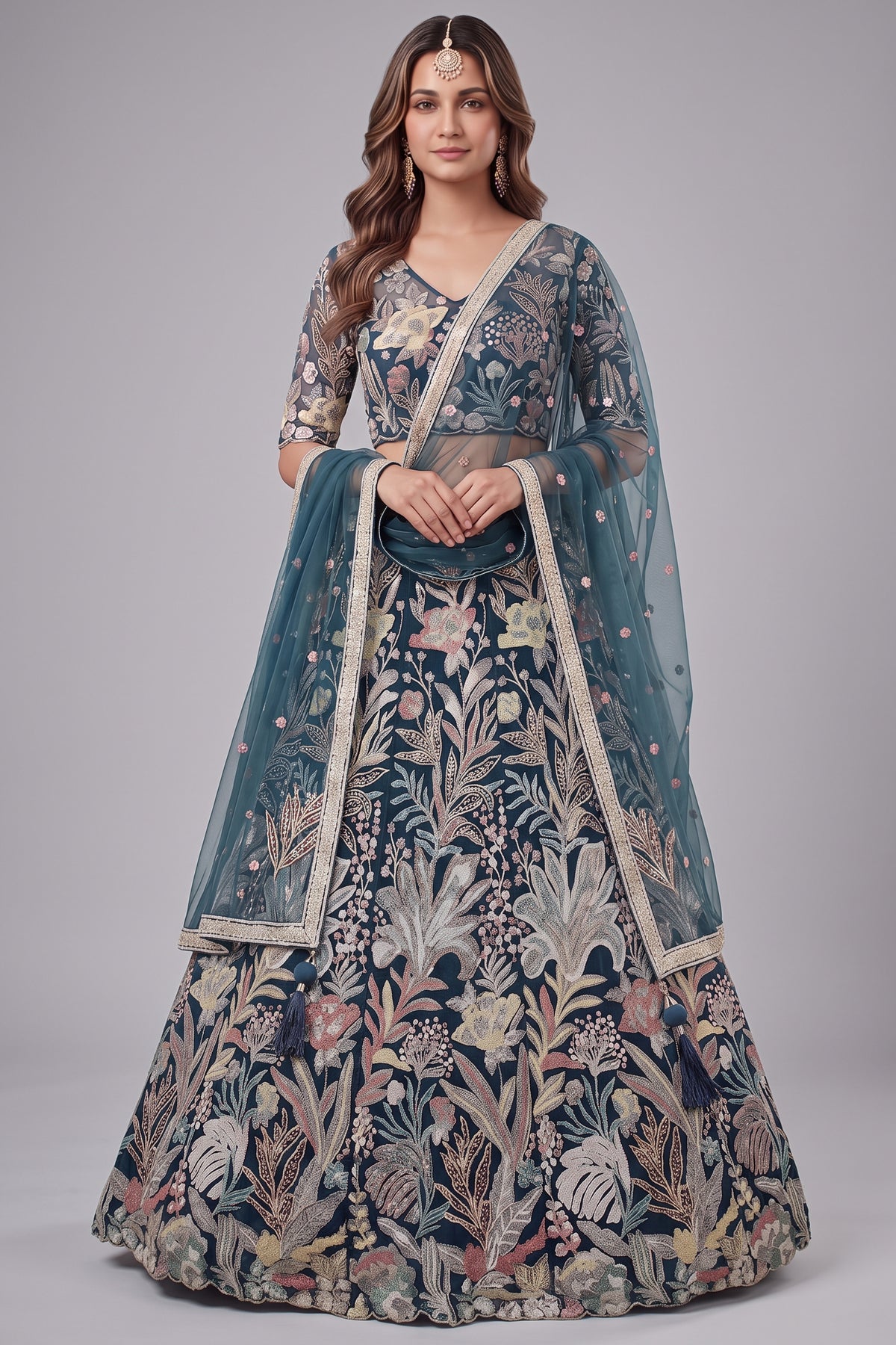 Deep Peacock Blue Soft Net Lehenga Choli with Multi-Color Thread & Sequins Embroidery