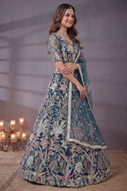 Deep Peacock Blue Soft Net Lehenga Choli with Multi-Color Thread & Sequins Embroidery