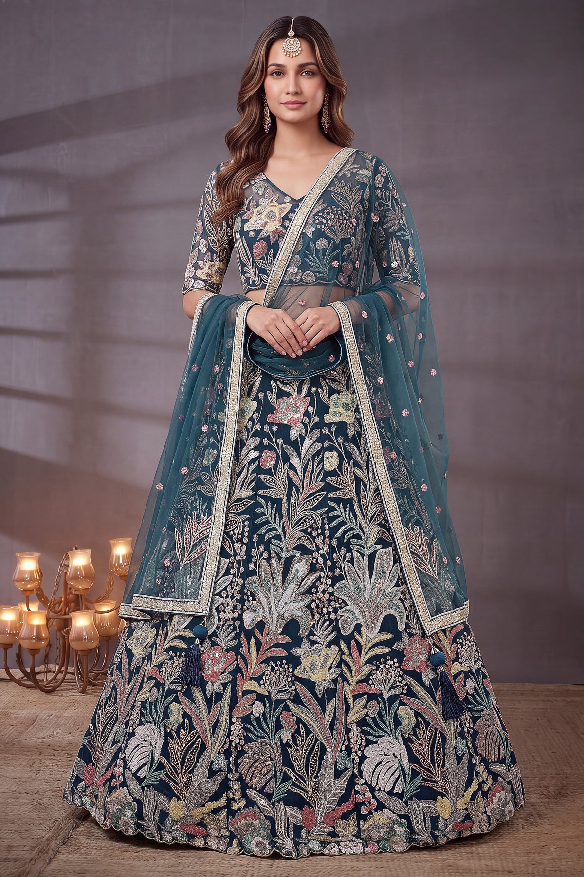 Deep Peacock Blue Soft Net Lehenga Choli with Multi-Color Thread & Sequins Embroidery