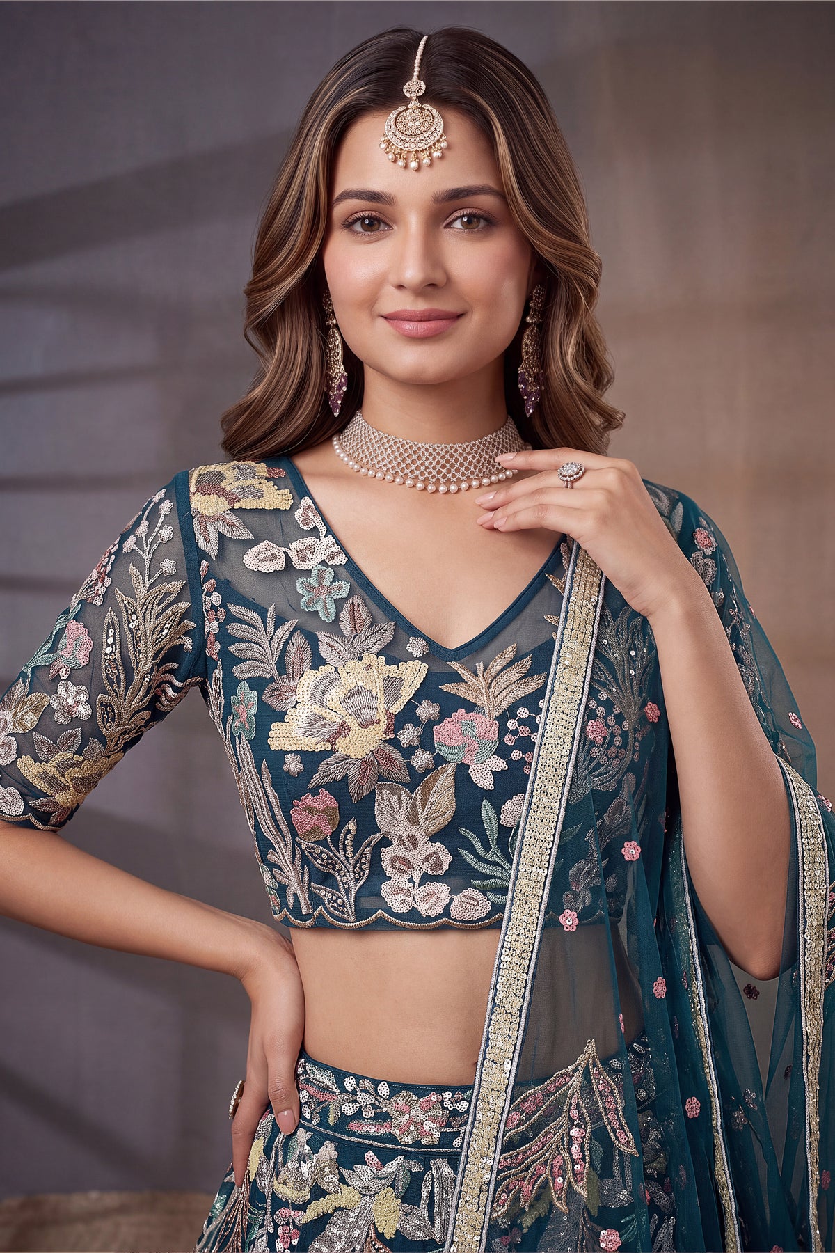 Deep Peacock Blue Soft Net Lehenga Choli with Multi-Color Thread & Sequins Embroidery