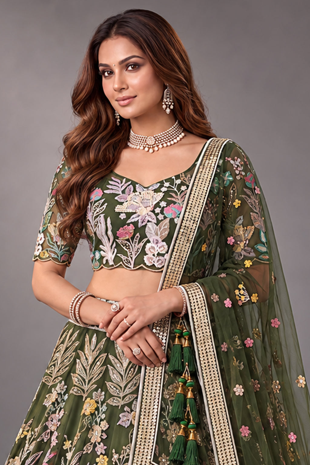 Forest Green Soft Net Lehenga Choli with Thread Floral Embroidery & Sequins
