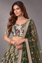 Forest Green Soft Net Lehenga Choli with Thread Floral Embroidery & Sequins