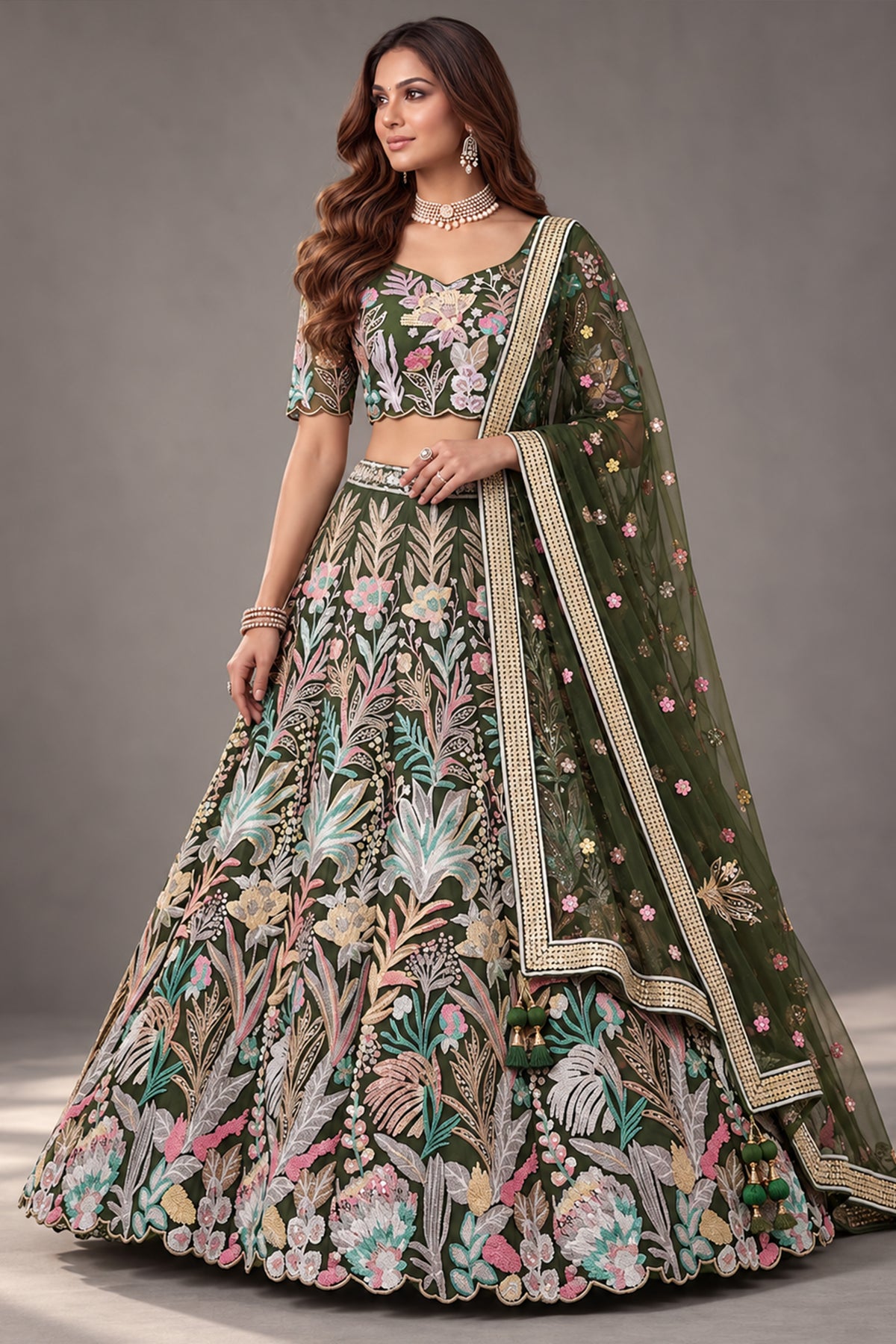 Forest Green Soft Net Lehenga Choli with Thread Floral Embroidery & Sequins