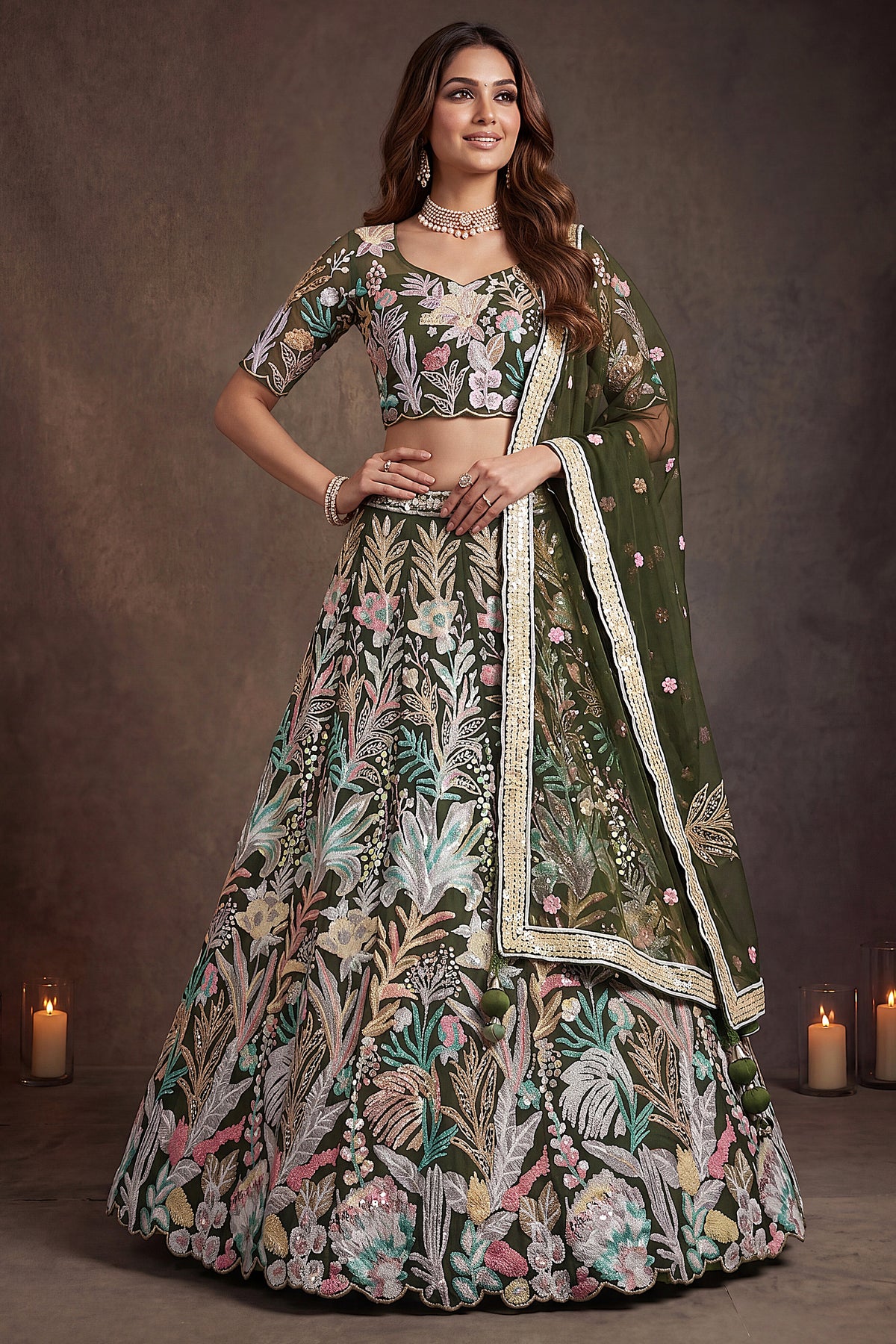 Forest Green Soft Net Lehenga Choli with Thread Floral Embroidery & Sequins