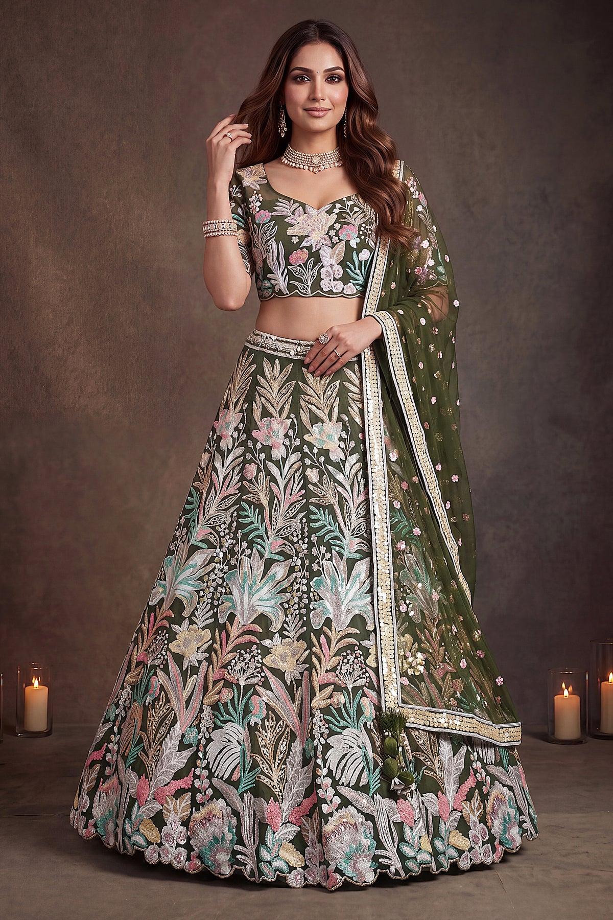 Forest Green Soft Net Lehenga Choli with Thread Floral Embroidery & Sequins