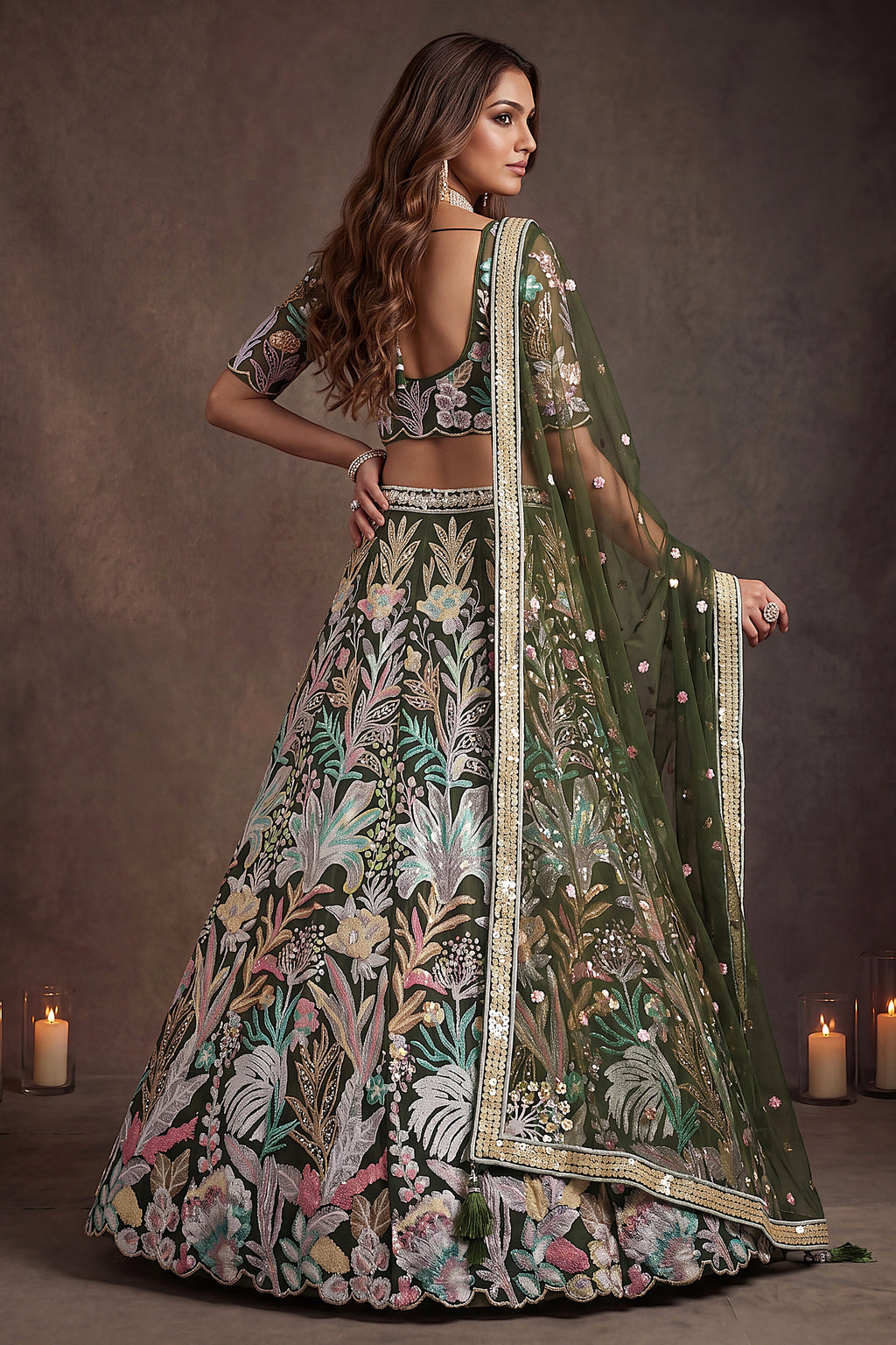Forest Green Soft Net Lehenga Choli with Thread Floral Embroidery & Sequins