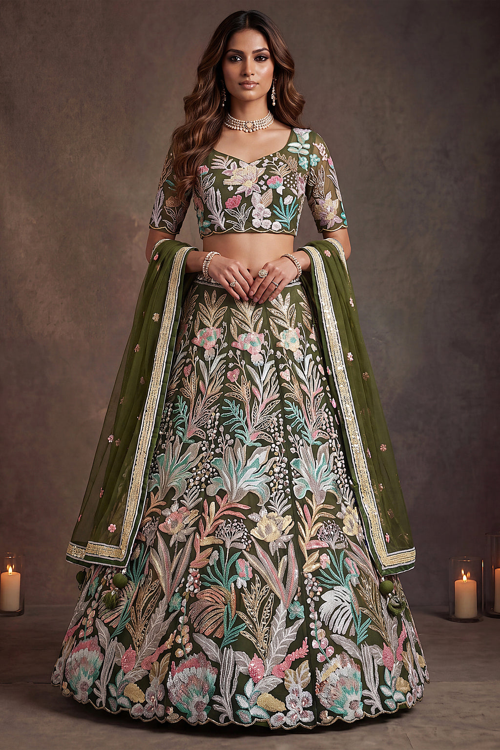 Forest Green Soft Net Lehenga Choli with Thread Floral Embroidery & Sequins