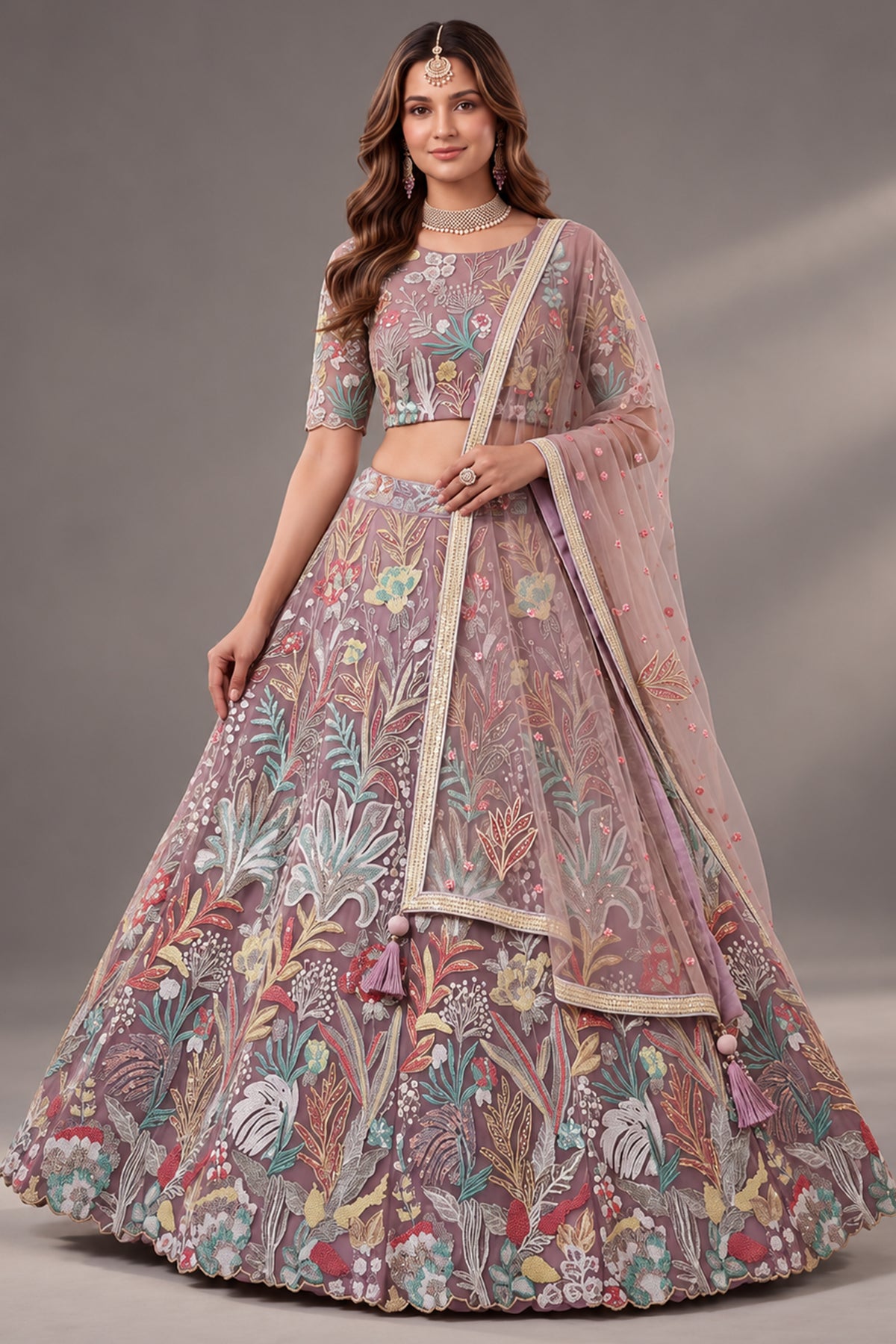 Soft Lilac Net Lehenga Choli with Pastel Floral Thread Work & Sequins Accent