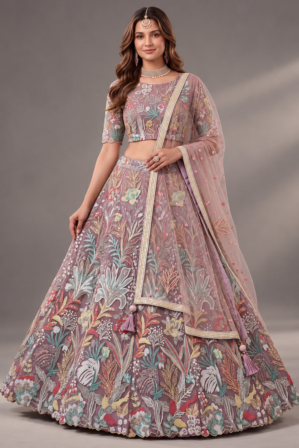 Soft Lilac Net Lehenga Choli with Pastel Floral Thread Work & Sequins Accent
