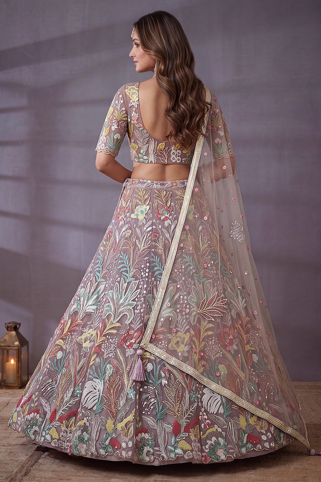 Soft Lilac Net Lehenga Choli with Pastel Floral Thread Work & Sequins Accent