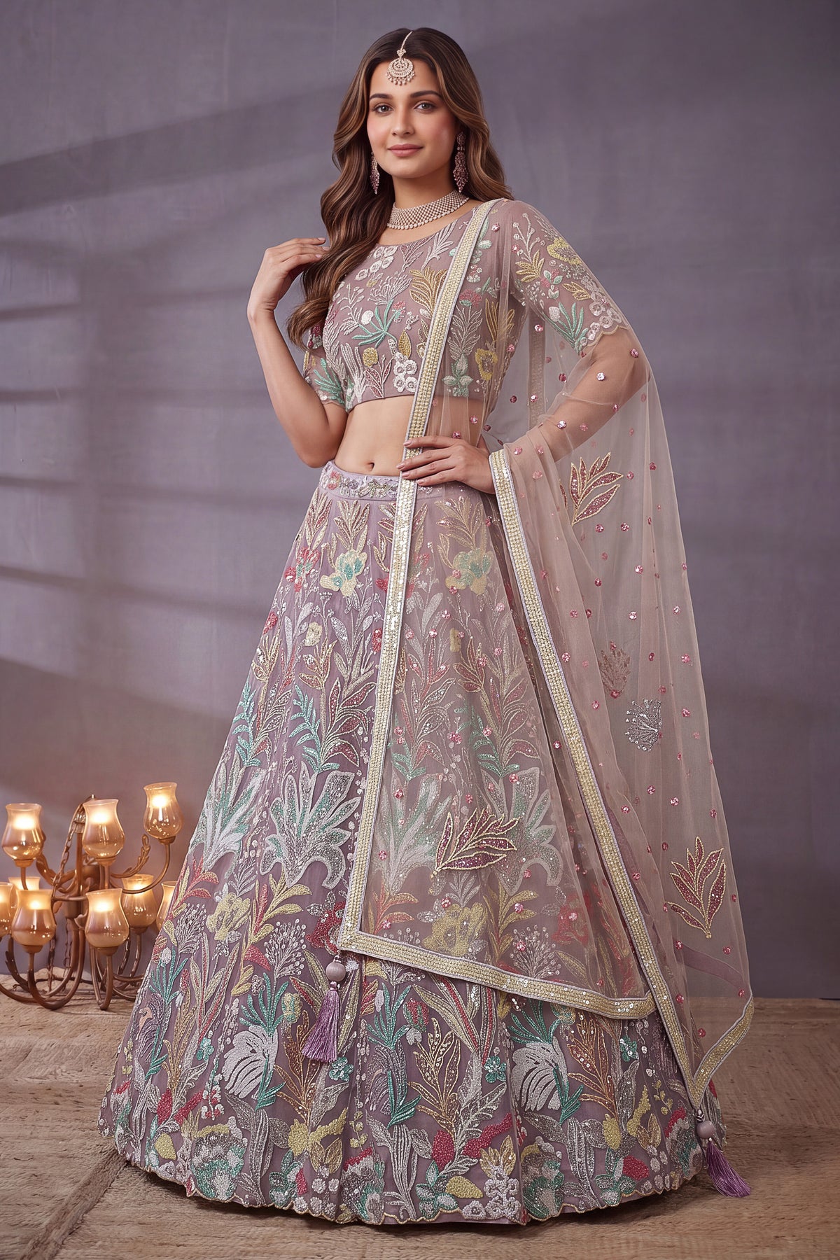 Soft Lilac Net Lehenga Choli with Pastel Floral Thread Work & Sequins Accent