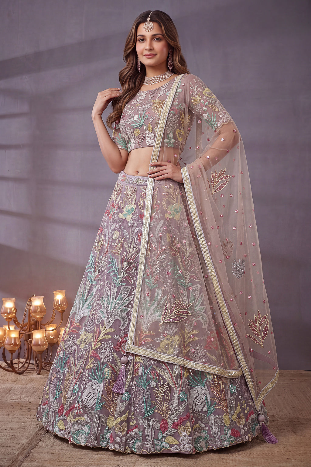 Soft Lilac Net Lehenga Choli with Pastel Floral Thread Work & Sequins Accent