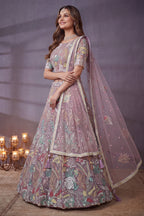 Soft Lilac Net Lehenga Choli with Pastel Floral Thread Work & Sequins Accent