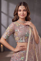 Soft Lilac Net Lehenga Choli with Pastel Floral Thread Work & Sequins Accent