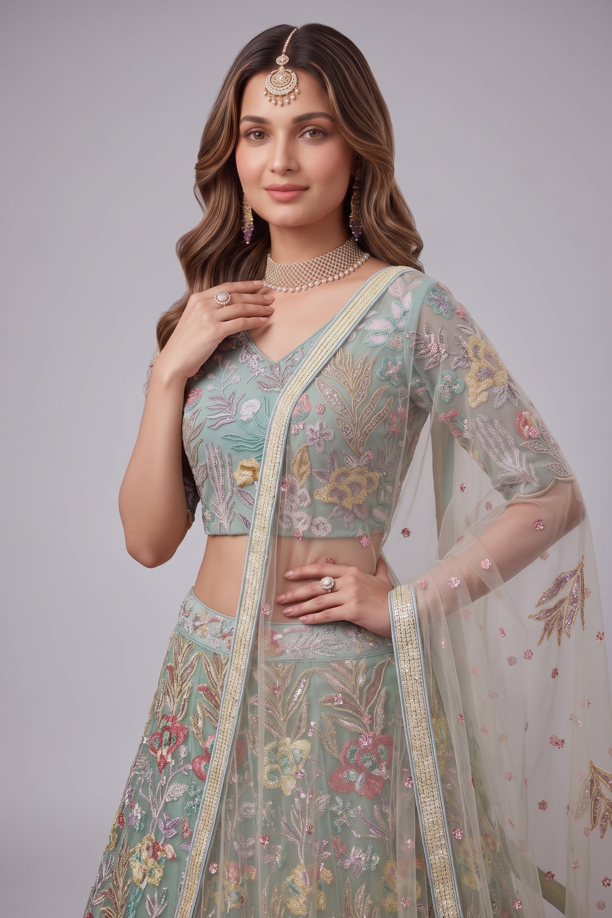 Ice Sky Blue Soft Net Lehenga Choli highlighted with Multi-Color Botanical Embroidery