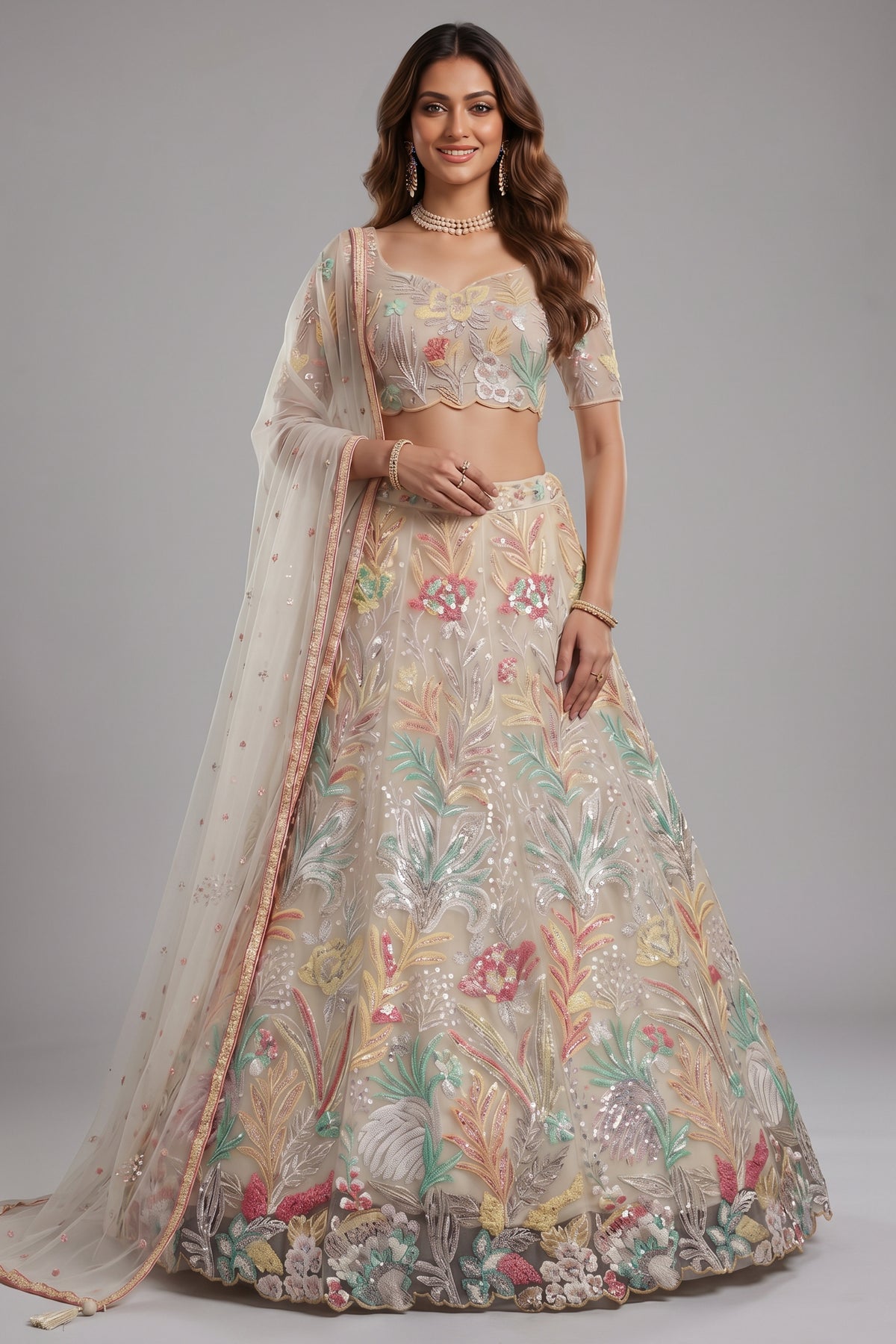 Pristine White Soft Net Lehenga Choli with Multi-Colored Floral Thread Embroidery