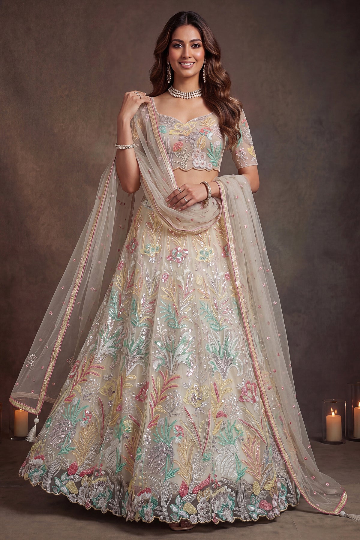 Pristine White Soft Net Lehenga Choli with Multi-Colored Floral Thread Embroidery