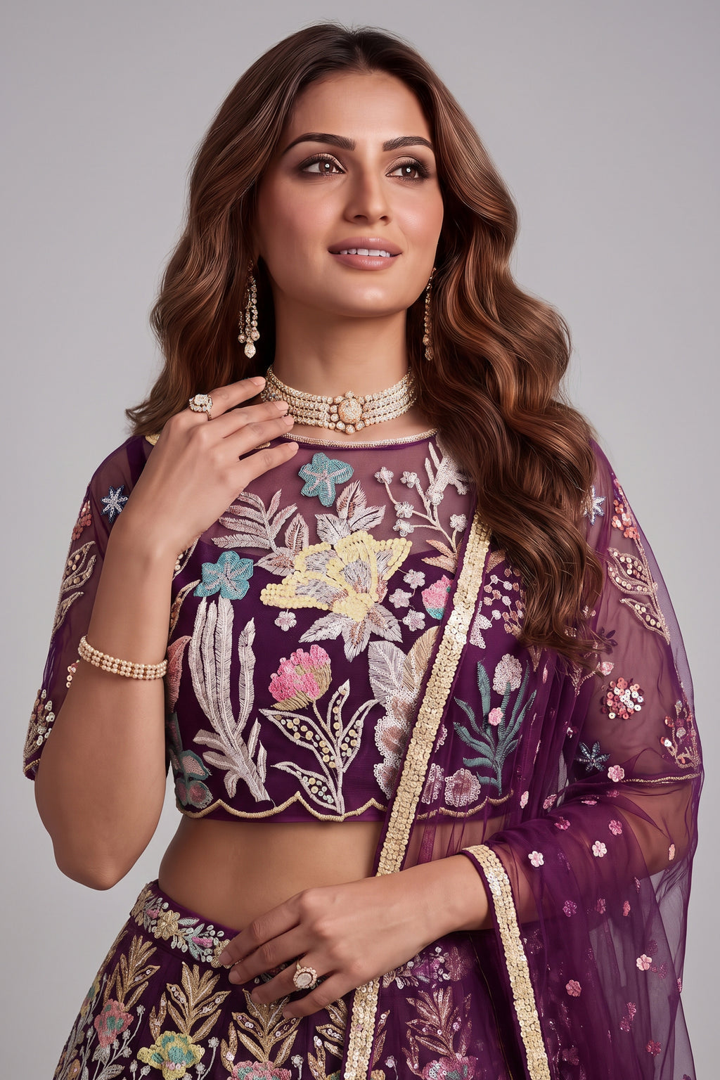 Deep Wine Soft Net Thread & Sequins Embroidered Lehenga Choli