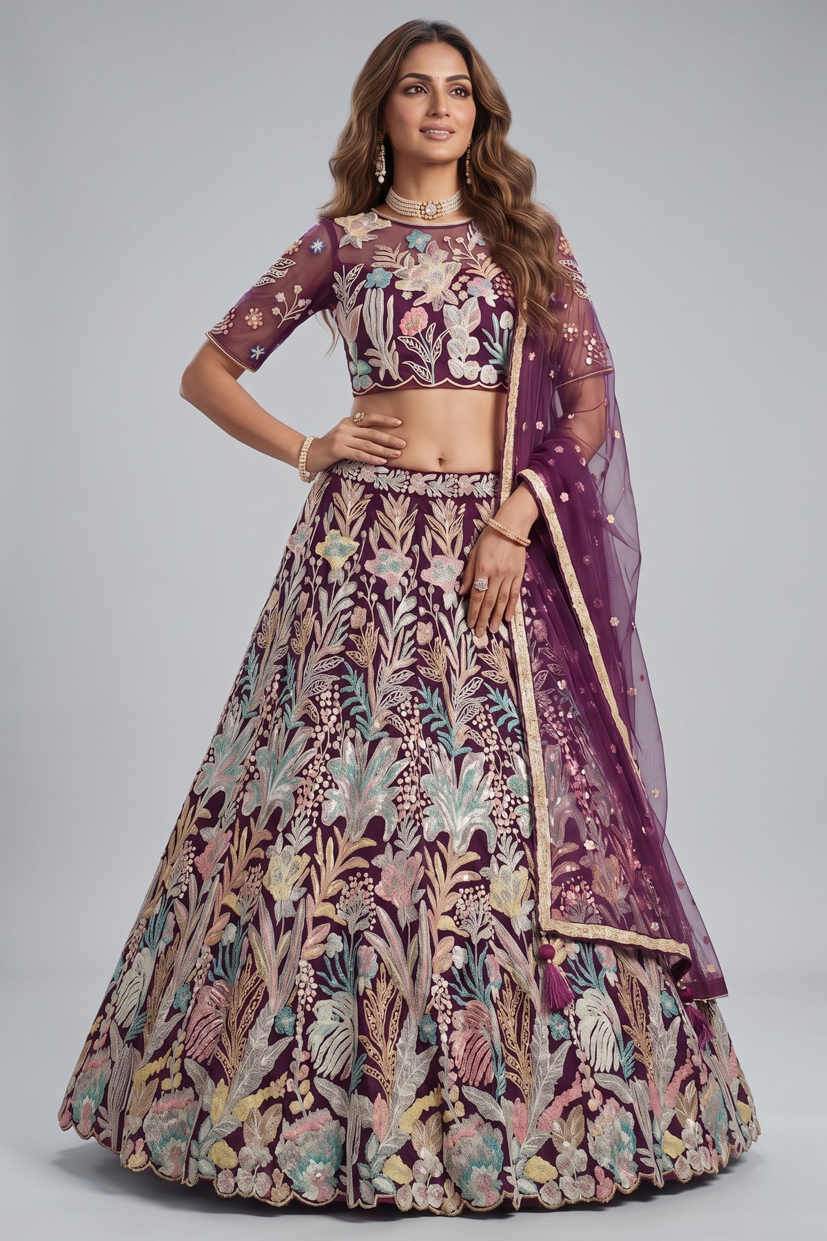 Deep Wine Soft Net Thread & Sequins Embroidered Lehenga Choli