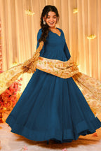 Peacock Teal Blue Crepe Silk Anarkali Gown with Floral Printed Dupatta