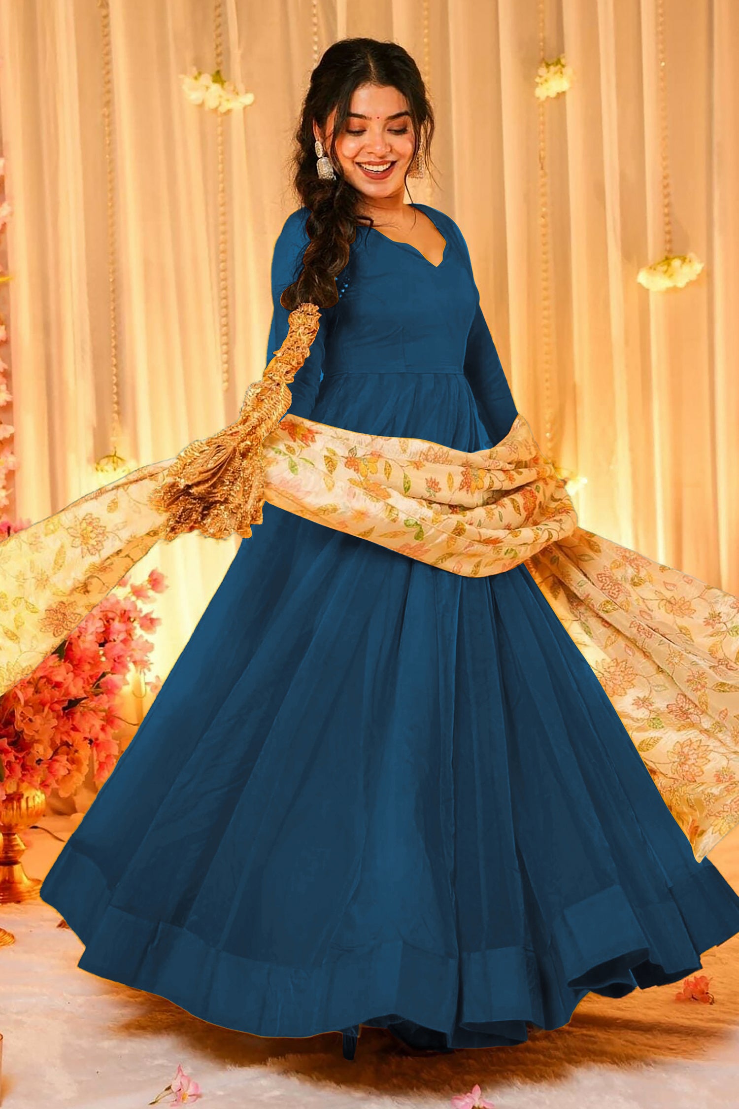 Peacock Teal Blue Crepe Silk Anarkali Gown with Floral Printed Dupatta