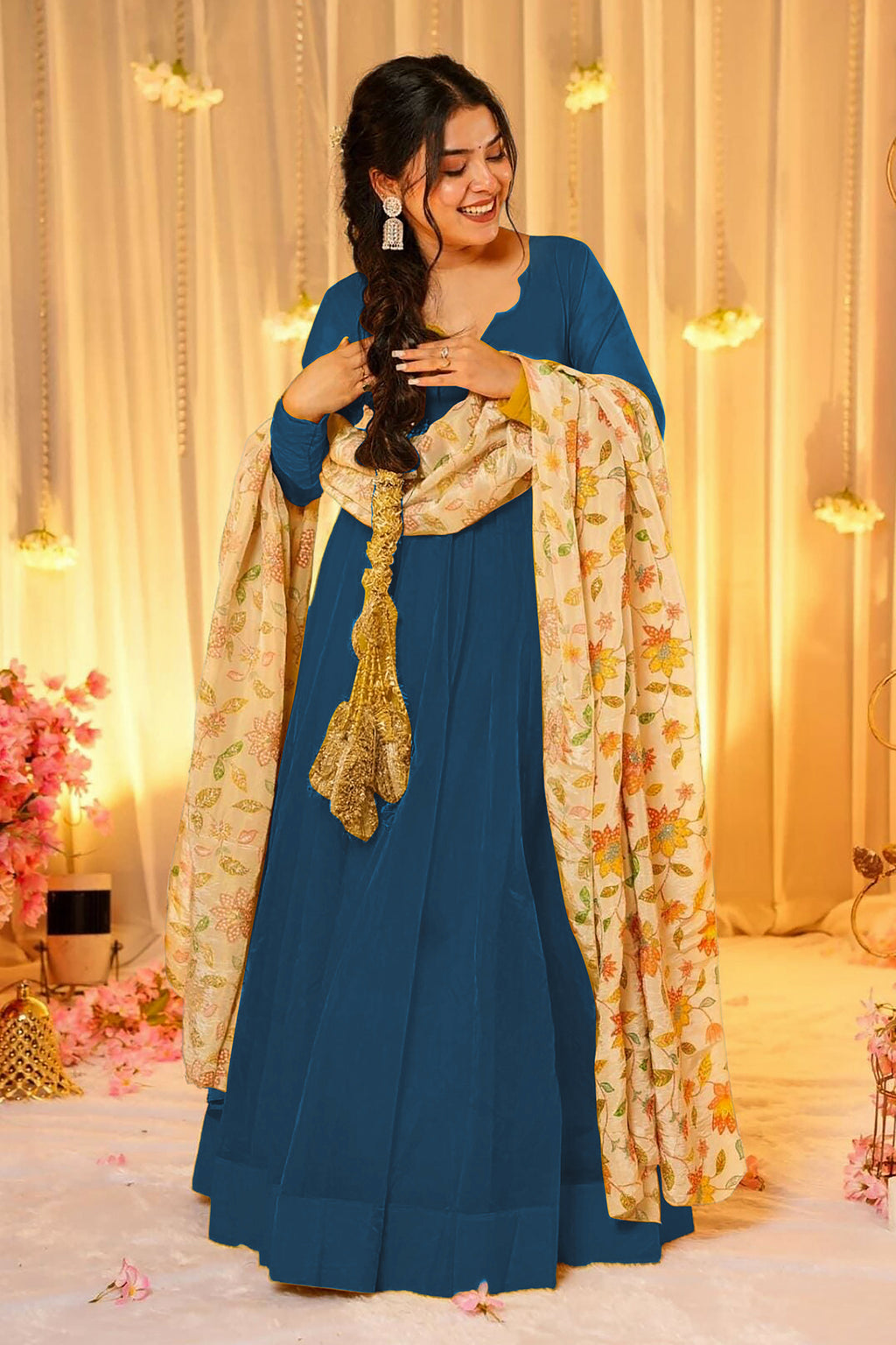 Peacock Teal Blue Crepe Silk Anarkali Gown with Floral Printed Dupatta