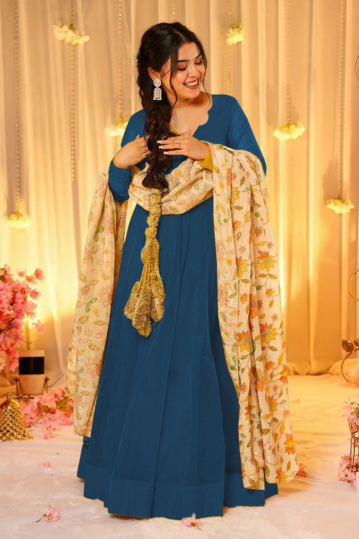 Peacock Teal Blue Crepe Silk Anarkali Gown with Floral Printed Dupatta