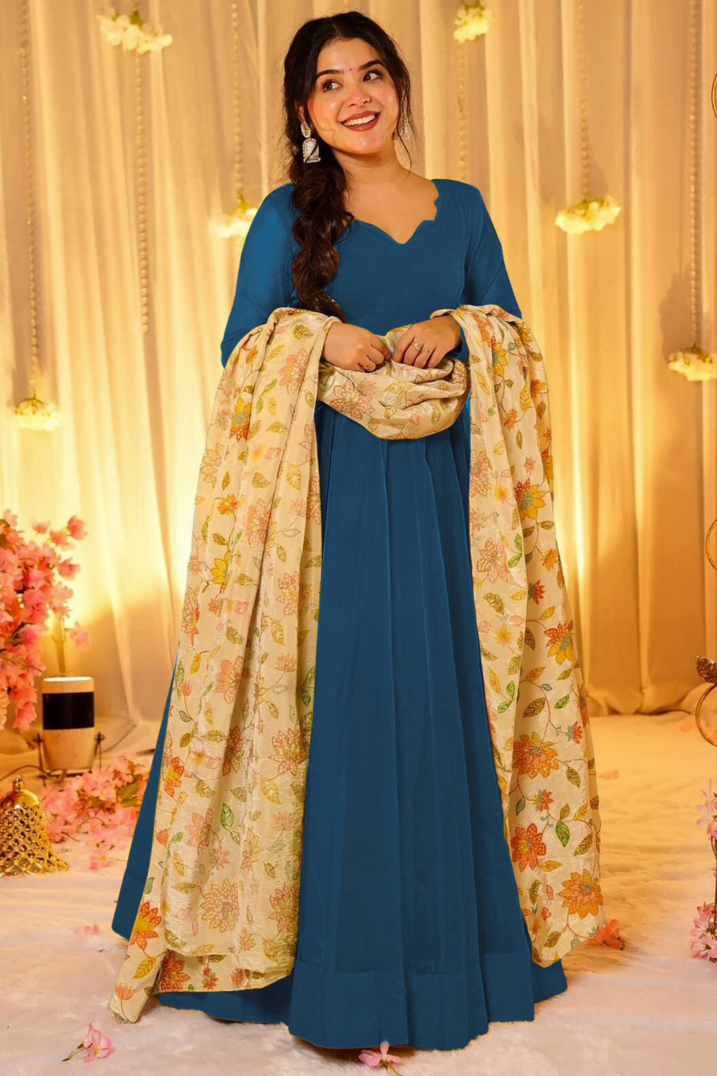 Peacock Teal Blue Crepe Silk Anarkali Gown with Floral Printed Dupatta